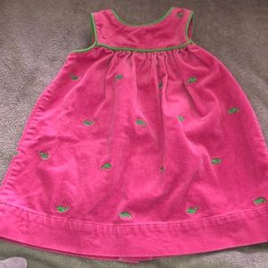 Heartstrings pink and green corduroy dress Size 18m Embroidered whales.